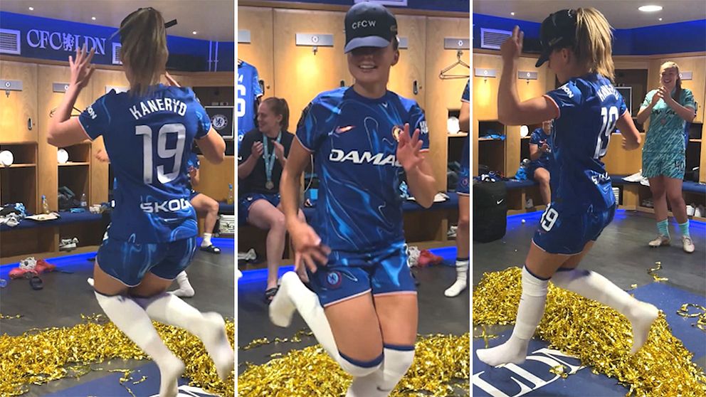 Tredelad bild. Fotbollsspelare dansar i omklädningsrum, guldkonfetti på golvet.
