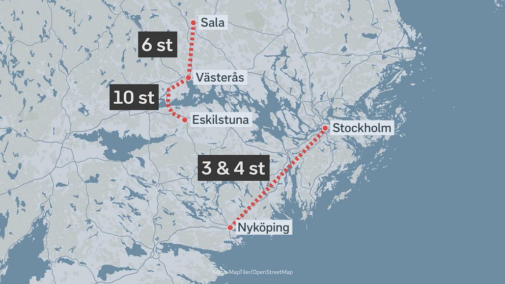 Karta som visar en rutt i Sverige mellan Nyköping och Stockholm, med angivna punkter och antal. Platserna Sala, Västerås, och Eskilstuna är markerade med siffror som representerar specifika enheter. Röd prickad linje indikerar förbindelsen mellan städerna.