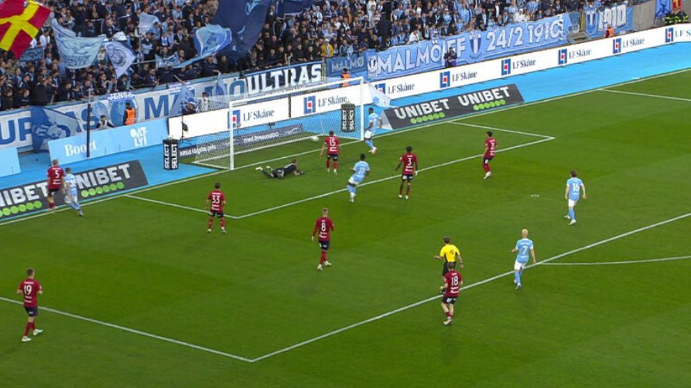 Fotbollsspelare från två lag vid straffområdet, bollen precis bakom mållinjen.