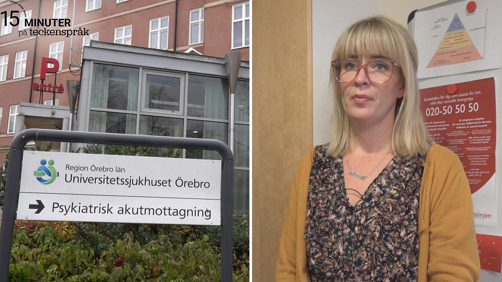 Till vänster ser man skyltar för den psykiatriska akutmottagningen vid universitetssjukhuset i Örebro. Till höger står Mikaela Alderlöf. Bakom henne finns två planscher och en av dem har ett telefonnummer.