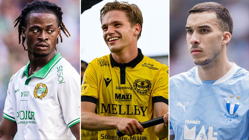 Frank Junior Adjei, Jeppe Kjaer och Andrej i sina nya klubbtröjor för Hammarby, Mjällby och Malmö FF