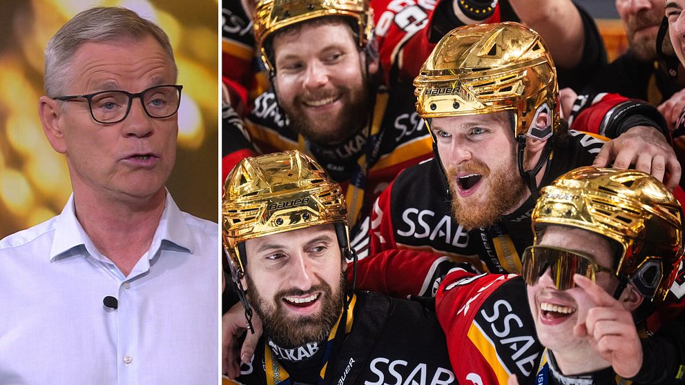 Delad bild. Till vänster: man i skjorta. Till höger: ishockeyspelare firar i guldhjälmar.