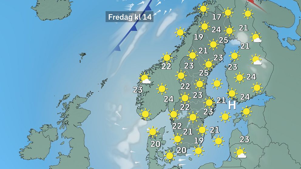 Prognoskarta som visar vädret i Sverige på fredag