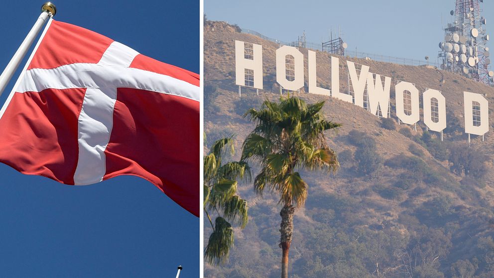 Danska flaggan vajar mot en klarblå himmel till vänster, och till höger syns Hollywoodskylten på en bergssida med palmer i förgrunden.