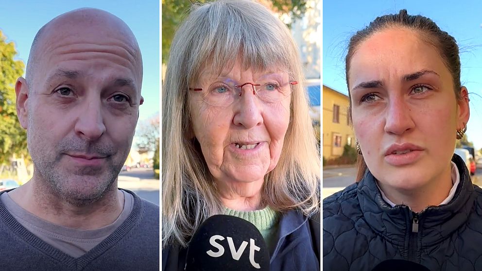 Tre personer står i en rad på gatan, med kort hår, längre hår och en hårknut. De håller mikrofoner med SVT-logotypen, och omgivningen visar träd och byggnader i bakgrunden.