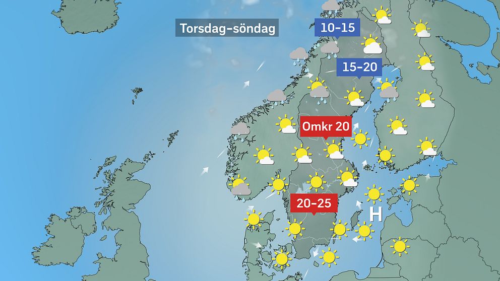 Prognoskarta som visar vädret i Sverige från torsdag till söndag