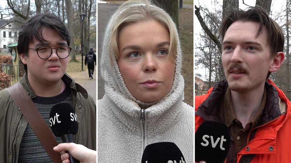 Tre personer står i en park. Den första personen är klädd i en mörk jacka och har en axelväska. Den andra personen bär en vit fleecejacka, medan den tredje personen har på sig en röd jacka.