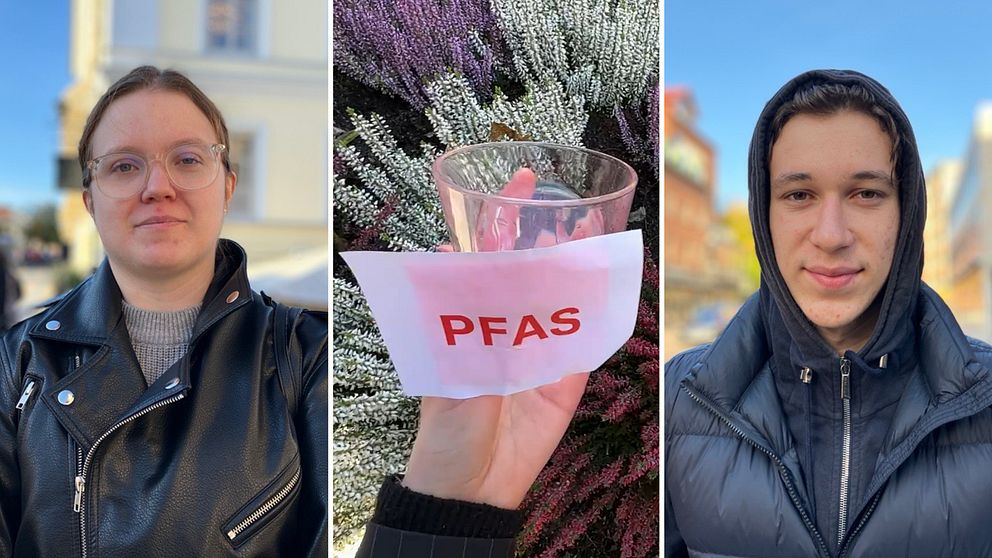 En delad bild som visar tre situationer. Första sektionen visar en person på en stadsmiljö, klädd i en svart läderjacka. Den andra sektionen visar en hand som håller ett glaskärl med en vit servett där ”PFAS” är skrivet i röd text, omgiven av blommor. Tredje sektionen visar en annan person utomhus, klädd i en mörk jacka.