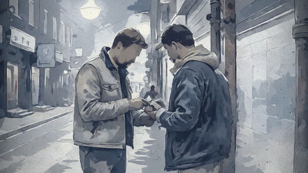 Två män står på en mörk gatumiljö, som är skildrad i en målerisk stil. De verkar diskutera något medan de tittar på en mobiltelefon. I bakgrunden syns suddiga skepnader av människor och butiksskyltar, vilket ger en känsla av en livlig men dämpad stadsmiljö. Mannen i 40-årsåldern köpte knark och ringde polisen för att få bort knarket från gatan.