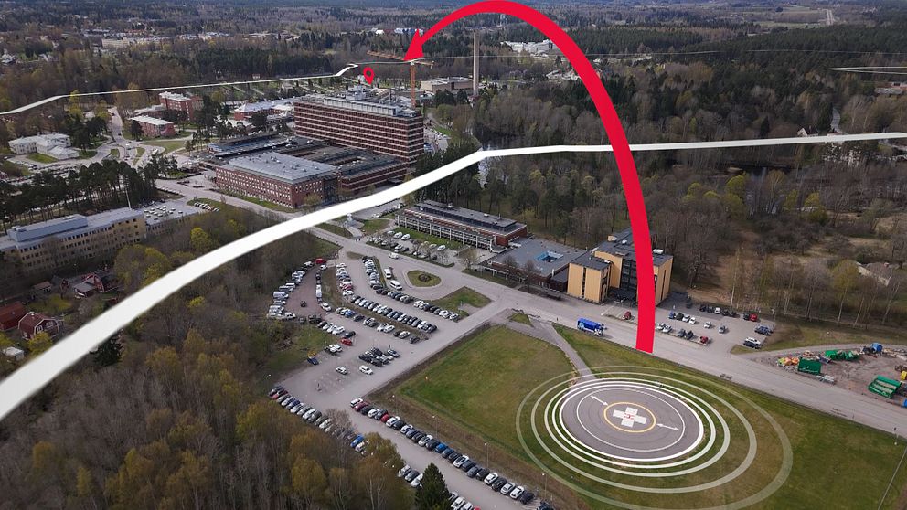 Grafik över flytten av helikopterplattan på Gävle sjukhus.