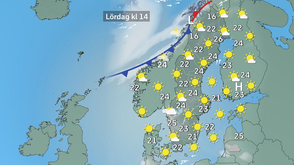 Prognoskarta som visar vädret i Sverige på lördag