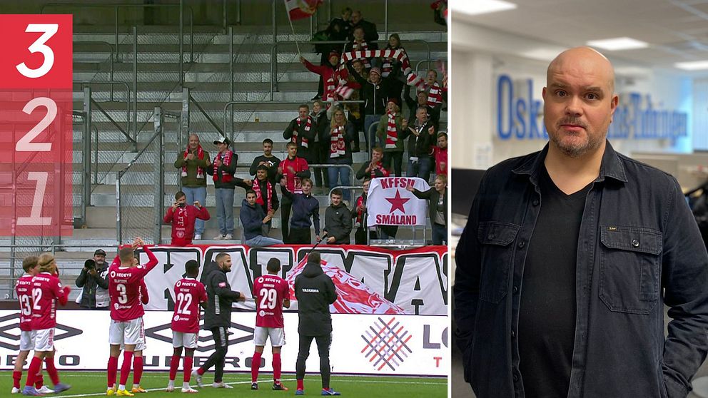 Bild med två sektioner: till vänster firar ett fotbollslag med spelare i tröjor, som vänder sig mot en entusiastisk publik som hejar på, medan det i bakgrunden syns banderoller och flaggor. Till höger står en man i en mörk kavaj i en kontorsmiljö med oskarp bakgrund.