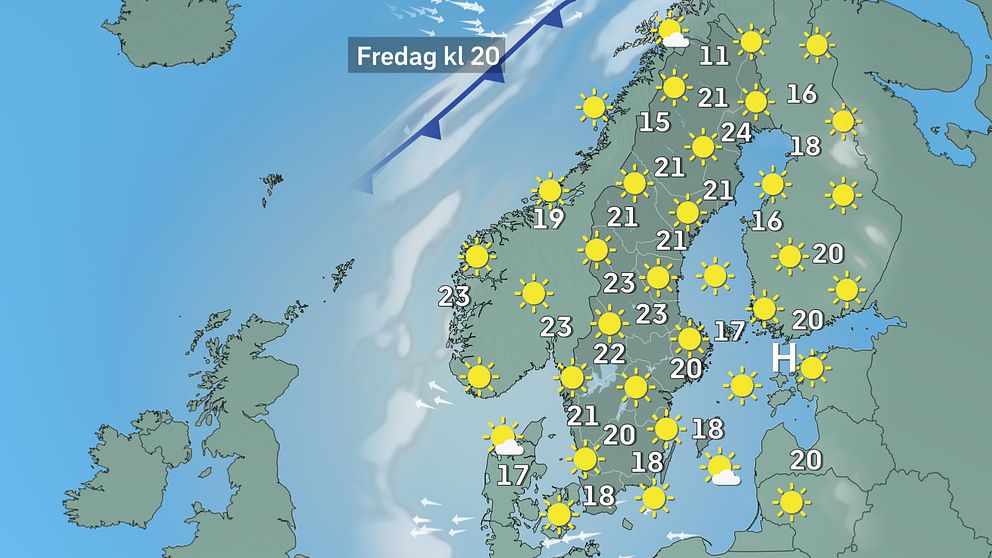 Prognoskarta som visar vädret i Sverige på fredag kväll