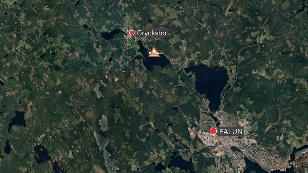Satellitbild som visar områdena kring Grycksbo och Falun, med markeringar för de respektive städerna.