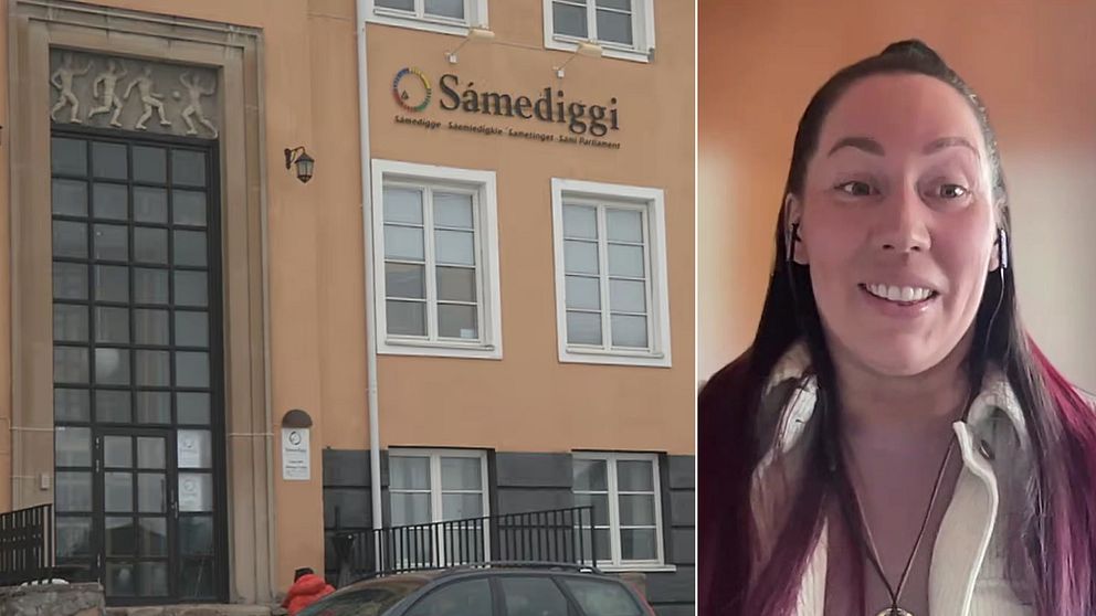 Sametingets byggnad i Kiruna, till höger Anna-Maja Persson som driver podden Samesystrar