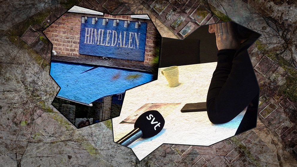 Drönarbild över en kyrkogård i bakgrunden. I förgrunden skärvor av en skylt på Himledalens begravningsbyrå, samt en reporter som ringer ett samtal med en SVT-mikrofon liggandes på bordet.