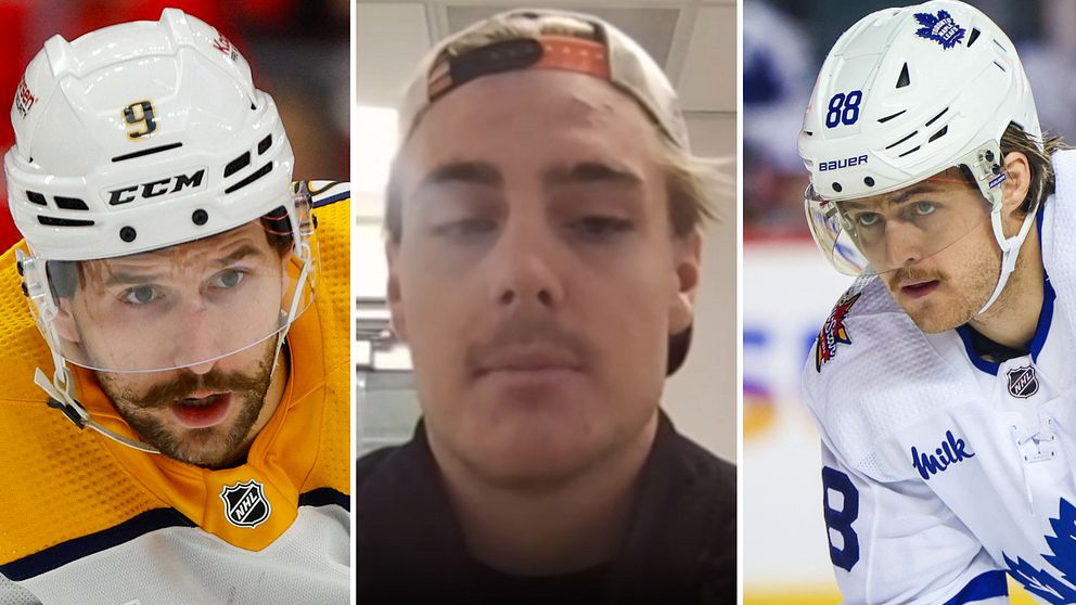 En delad bild med tre sektioner: den vänstra visar en ishockeyspelare i en gul och svart tröja med en hjälm, samt ett NHL-märke synligt; den mittersta sektionen visar en person i en grå t-shirt och keps som ser ut att vara i en inomhusmiljö; den högra sektionen visar en annan ishockeyspelare i en vit och blå tröja med nummer 88 och NHL-logotypen.
