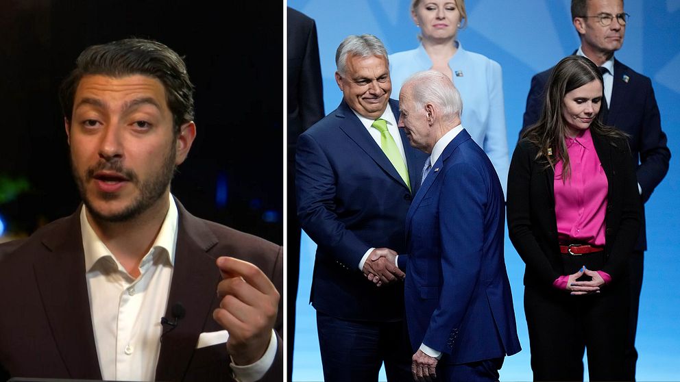 till vänster: SVT:s USA-korrespondent Fouad Youcefi. Till höger: Orbán skakar hand med Biden.