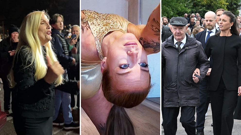 Tre sektioner visar olika scener: till vänster, en kvinna i svart klänning som dansar; i mitten, en kvinna som dansar i en guldglittrig outfit; till höger, människor som promenerar utomhus.