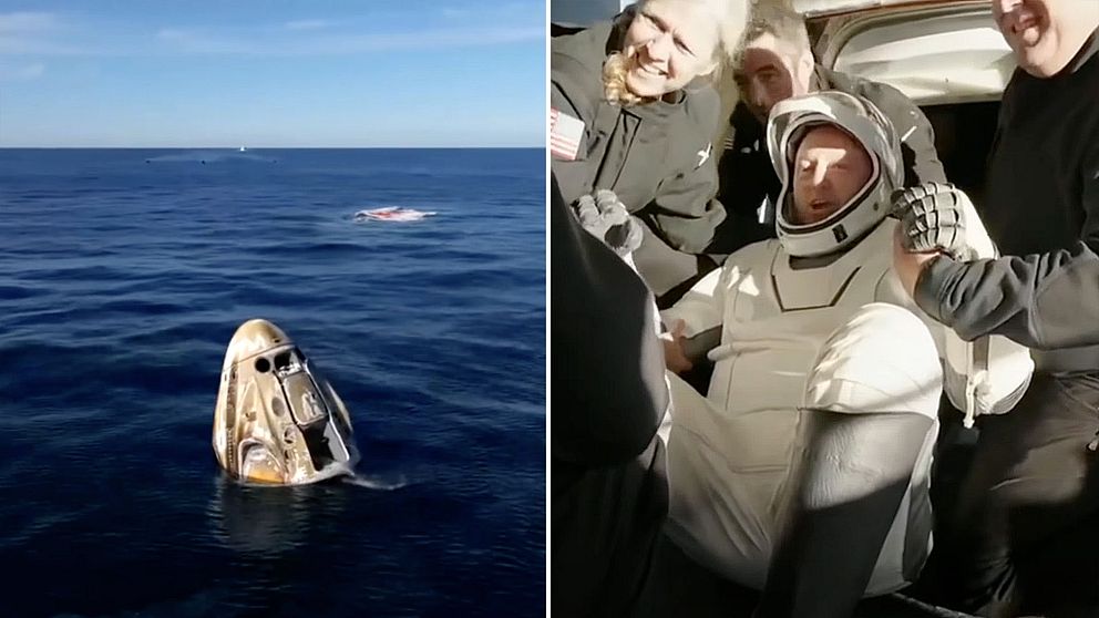 Delad bild. Till vänster: Rymdkapsel i havet. Till höger: Astronaut får hjälp ur kapseln.