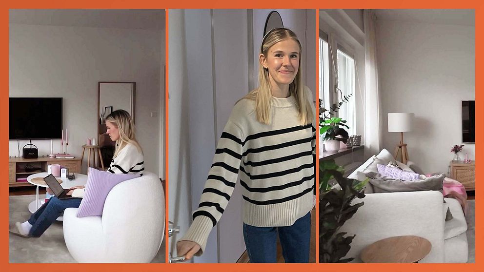 Tredelad bild. Vänster: kvinna i fåtölj. Mitten: person vid dörr. Höger: vardagsrum med soffa och växt.