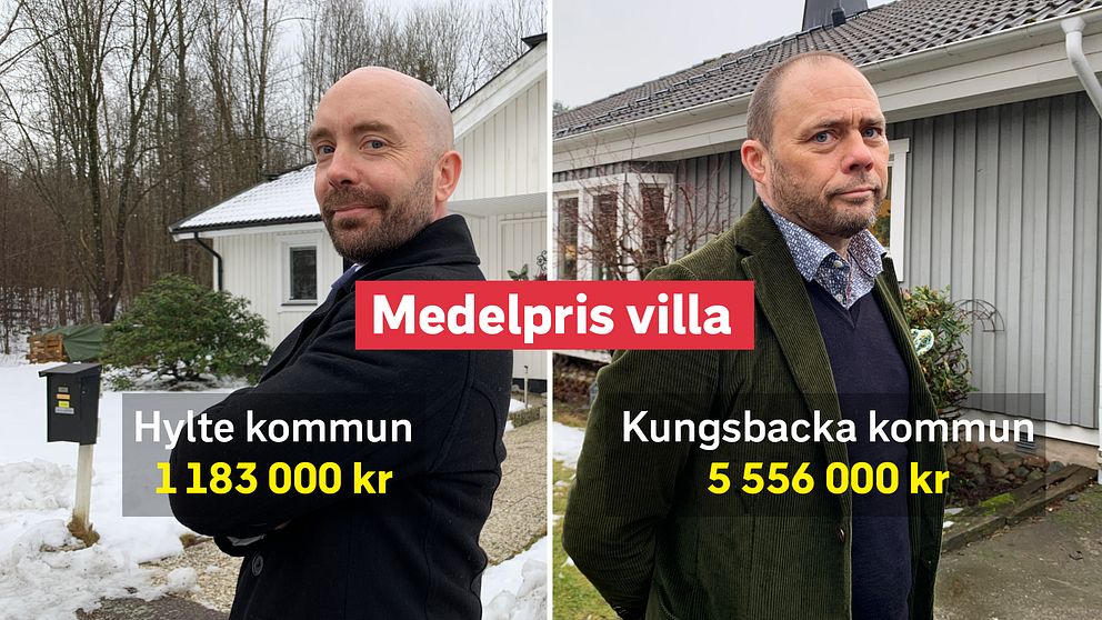 Bild på två män, mäklare, som står utanför två villor, det ena är vitt, det andra är grått.