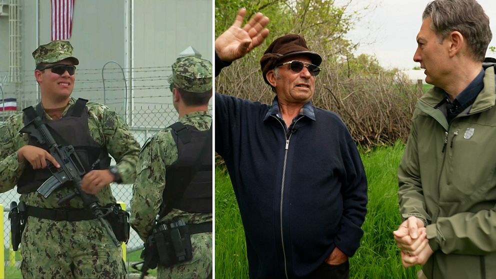 Två bilder. Till vänster två soldater framför en militärbas, med en amerikansk flagga på basen. Till höger George och Christoffer Wendick.