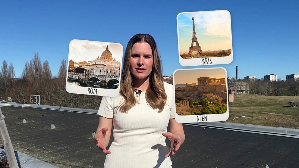 Delad bild. Vänster: Roms kupoler. Mitten: Eiffeltornet i Paris. Höger: Akropolisklippan i Athen.