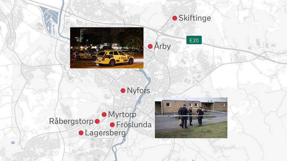 En karta över de sju stadsdelar i Eskilstuna som berörs av säkerhetszonerna.