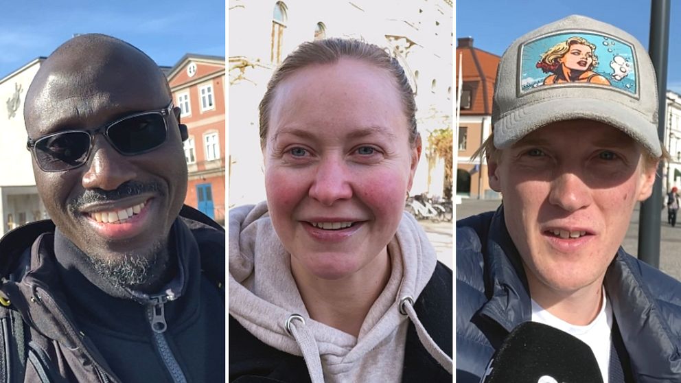 Tredelad bild. Längst till vänster: man med solglasögon framför stadsbyggnader under blå himmel. I mitten: kvinna vid torg med byggnader. Till höger: man med keps framför torg.