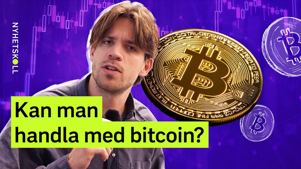 Text och Bitcoin-logga mot lila bakgrund, ”Kan man handla med bitcoin?”