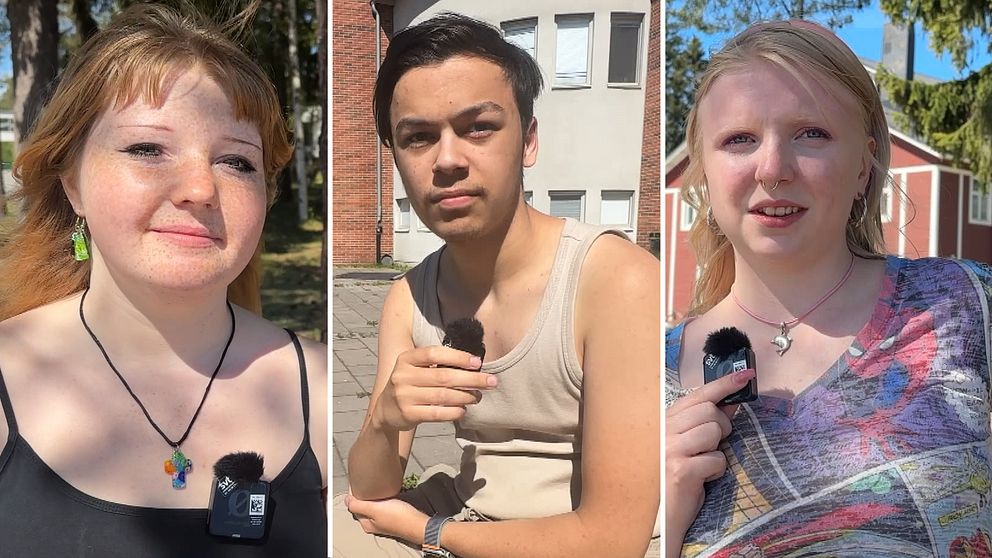 Tre gymnasieelever som är utomhus utanför Midgårdsskolan i Umeå