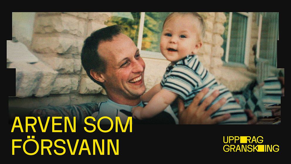 ”Text: Arven som försvann, Uppdrag Granskning. Bakgrund: stenmur och en person håller barn.”