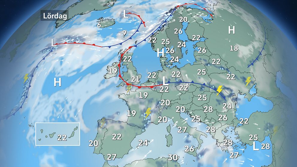 Prognoskarta som visar vädret i Europa på lördag.