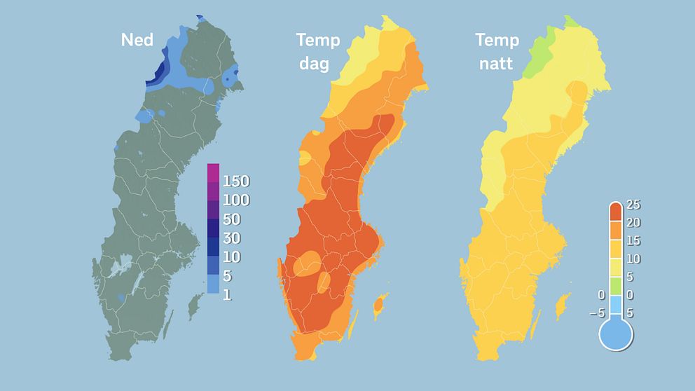 Väderprognoskarta som visar förväntad nederbördsmängd, genomsnittlig dagstemperatur och genomsnittlig nattemperatur kommande fem dygn,