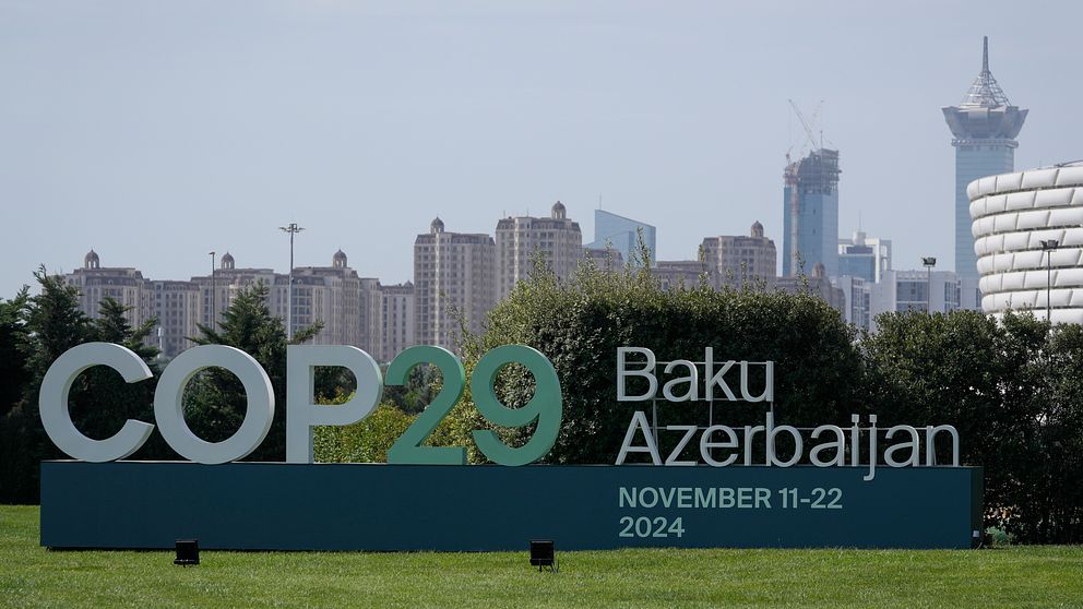 COP29-skylt i Baku, Azerbaijan, med datum 11-22 november 2024, omgiven av grönska och en stadsprofil i bakgrunden.