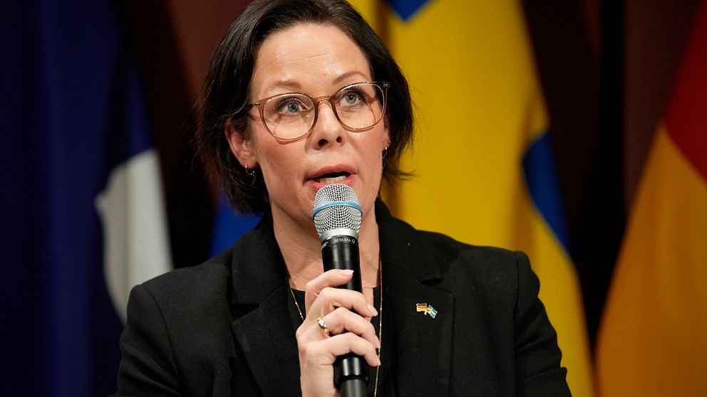 Utrikesminister Maria Malmer Stenergard står i en mörk kavaj håller i en mikrofon framför bland annat den svenska flaggan.