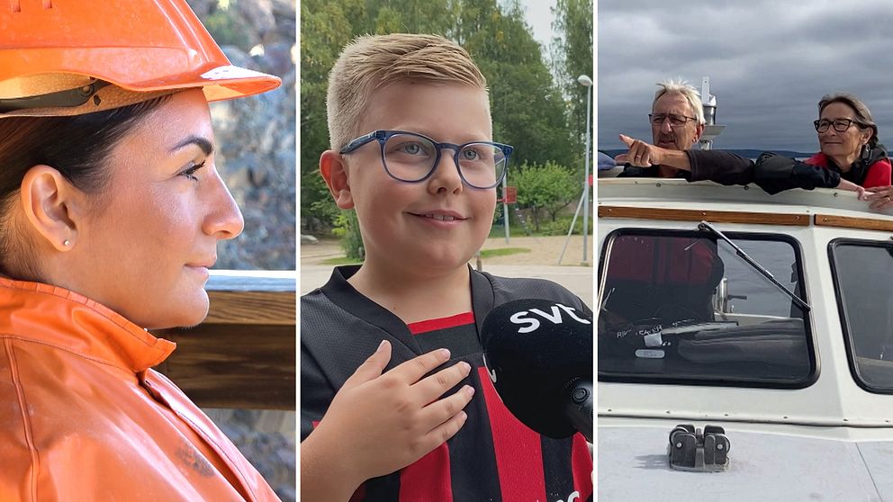 Tre bilder: kulturministern i hjälm, pojke med glasögon, en man och en kvinna i en båt. Mannen pekar