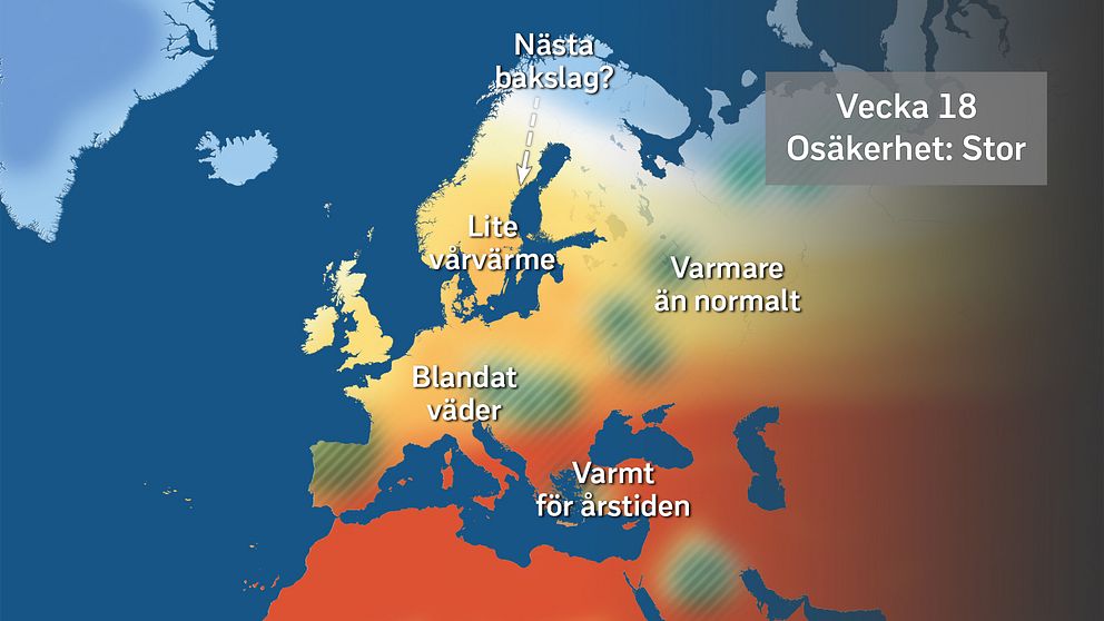 Förväntad storskalig vädersituation över Europa under vecka 18.