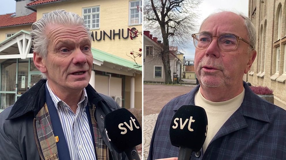 Två politiker i delad bild, ståendes utomhus i Vadstena.