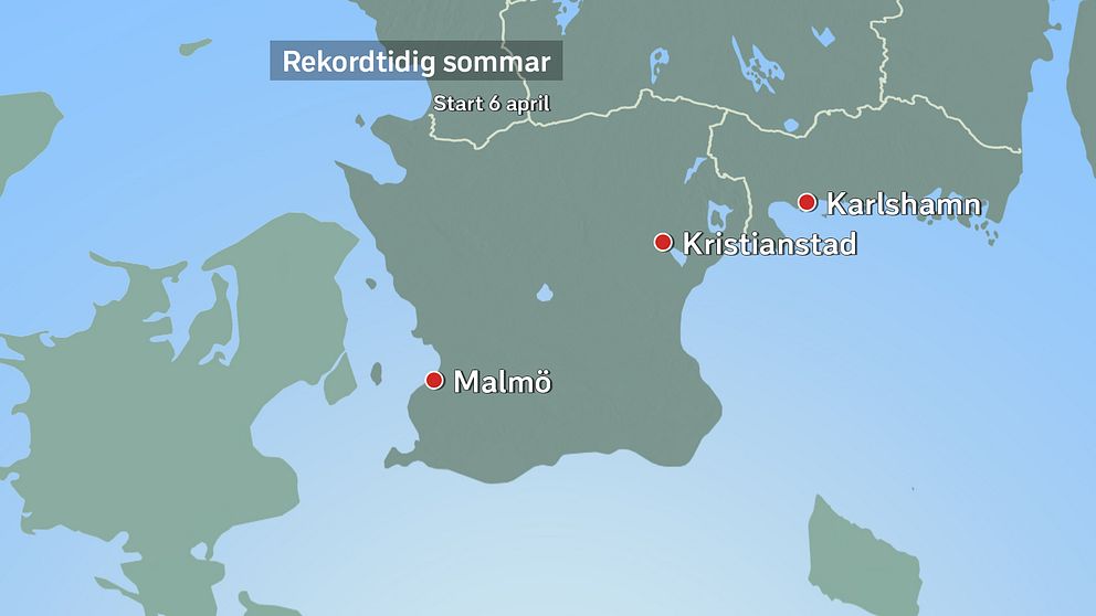 Karta över Sydsverige där orterna Malmö, Kristianstad och Karlshamn är markerade.