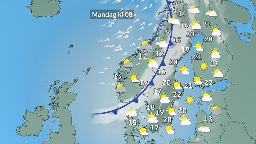 Prognoskarta som visar väderläget i Sverige på måndag morgon.