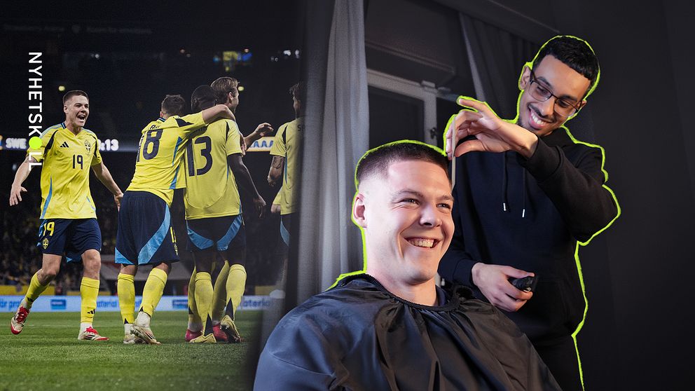 Delad bild. Till vänster: svenska fotbollsspelare firar mål. Till höger: någon klipper hår.