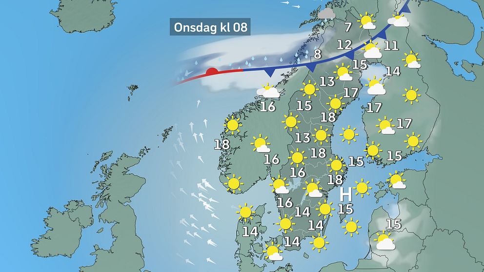 Prognoskarta som visar vädret i Sverige på onsdag morgon.
