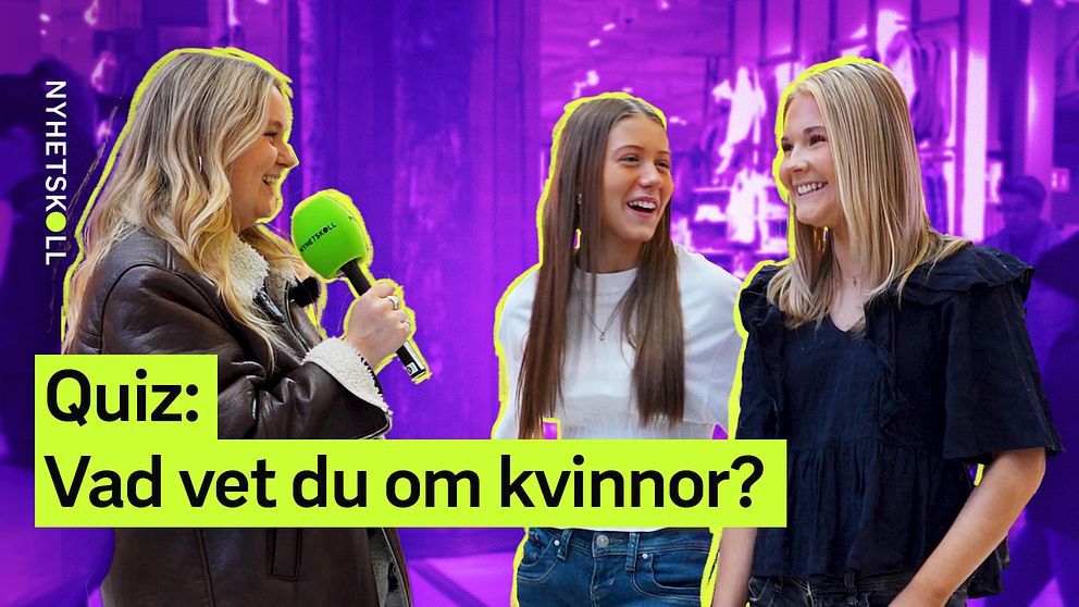 Programledare intervjuar två unga personer. Text: ”Quiz: Vad vet du om kvinnor?”