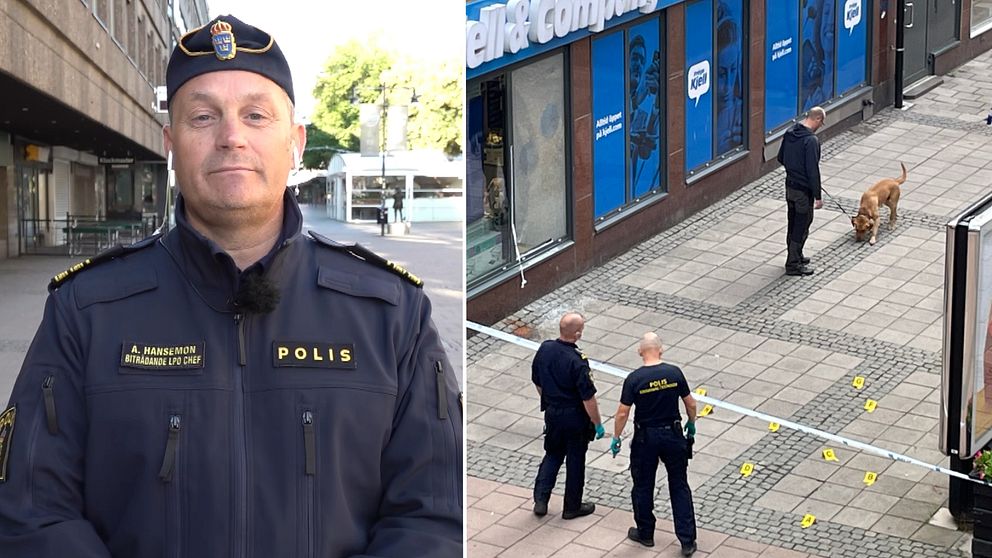 en polisman i vänstra bilden, tre poliser och en sökhund vid ett avspärrat område i högra bilden