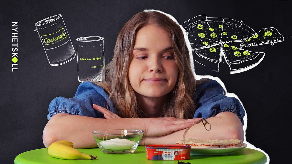 Person sitter vid bord med banan, glasskål, bröd och konserver; illustration av matvaror syns.