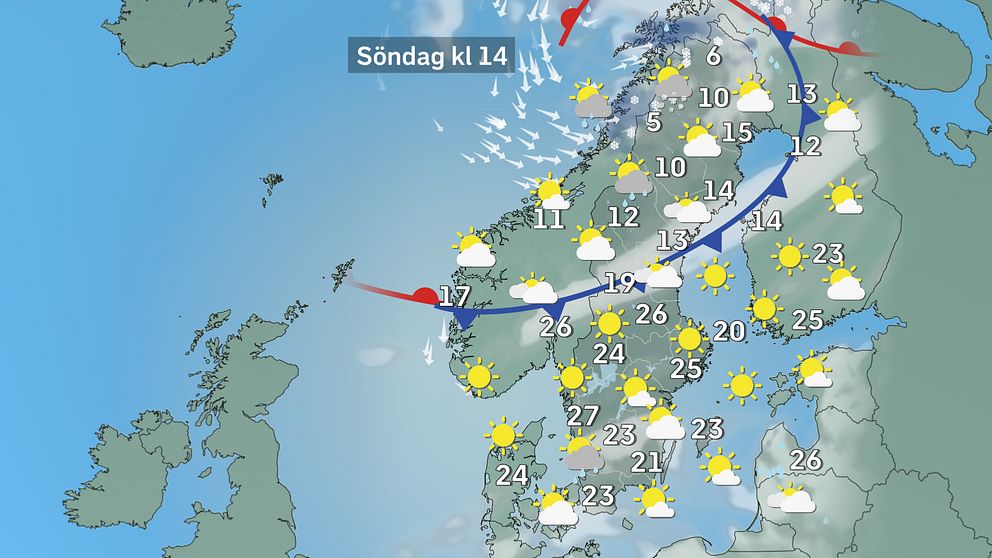 Prognoskarta som visar vädret i Sverige för söndag.