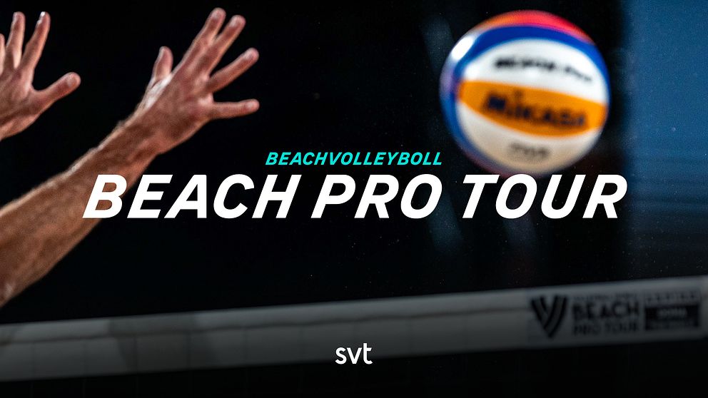 Beach Pro Tour: Hand täcker nät, volleyboll i luften.