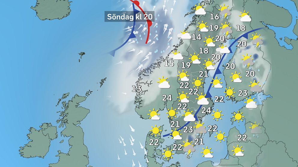 Prognoskarta som visar väderläget i Sverige på söndag kväll.